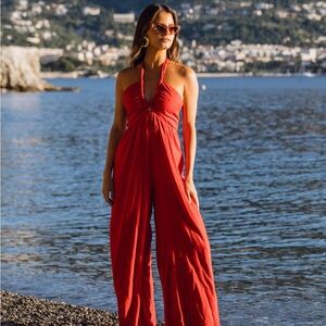 12th Tribe Promenade Red Halter Jumpsuit